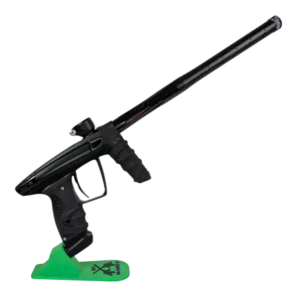 Close-up of a new DLX Luxe X Paintball Gun on a stand, ready for play.