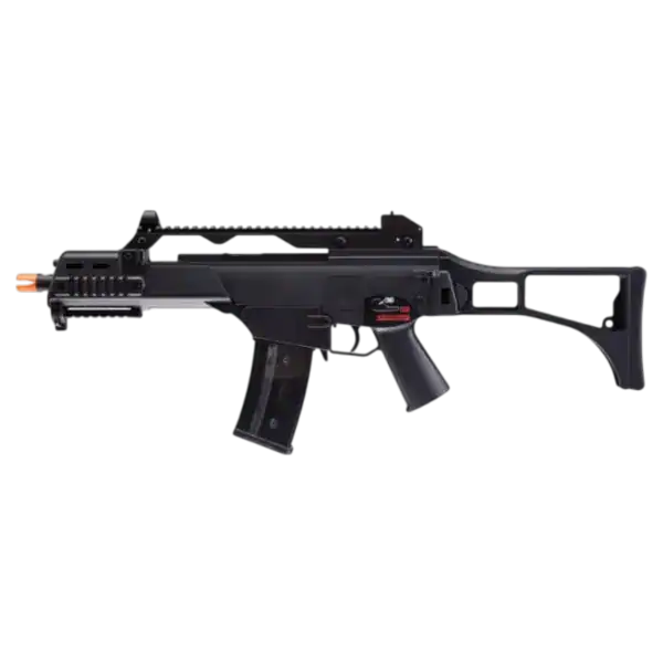 HK G36C KWA Elite Black electric polymer paintball airsoft rifle with folding stock.
