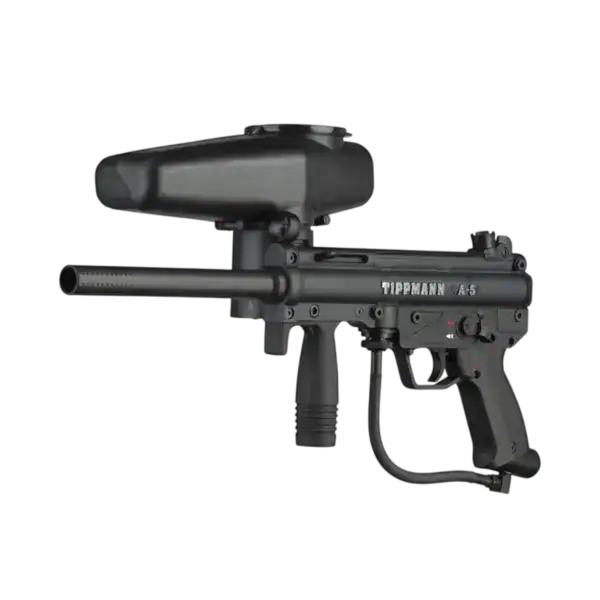 Tippmann A-5 marker with response trigger and cyclone feed system.