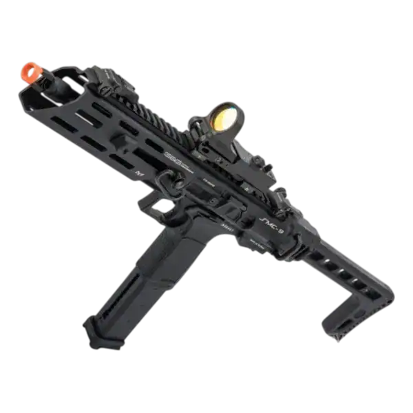 G&G SMC9 Black tactical gas blowback paintball airsoft carbine with extended magazine.