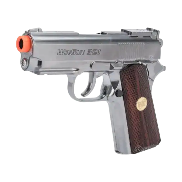 Win Gun 1911 Compact high power CO2 airsoft pistol in chrome with wood grips.