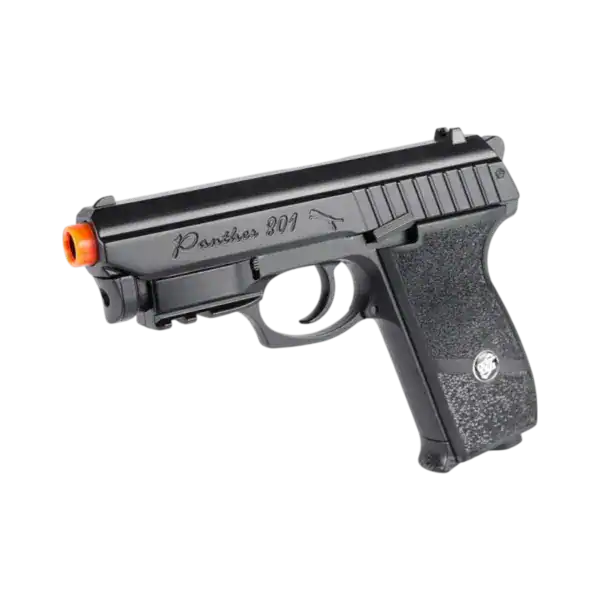 Win Gun Panther P-801 CO2 gas blowback airsoft pistol in black with a built-in laser.