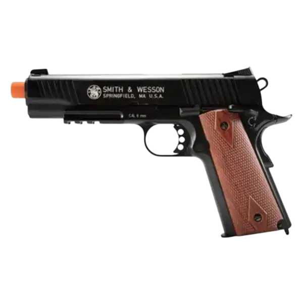 Umarex Smith & Wesson 1911 TAC Gen3 CO2 blowback airsoft pistol in black with brown grip panels.