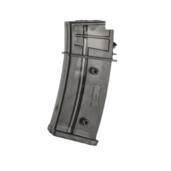 6mm ProShop G36 300 Flash Mag Hi Capa translucent smoke magazine for tactical paintball training.