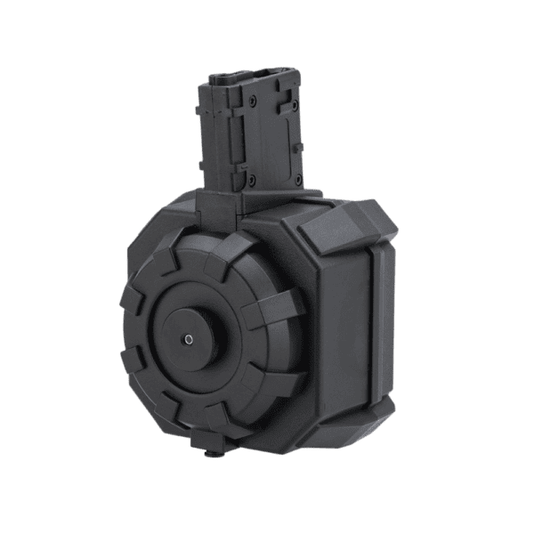 Angel Custom BLOK Firestorm AEG Drum Flashmag with SR25 adapter for tactical paintball cross-training.