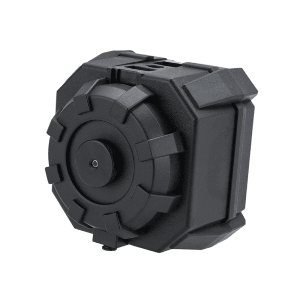 Angel Custom BLOK Firestorm Airsoft AEG Drum Flashmag in black for tactical paintball cross-training.