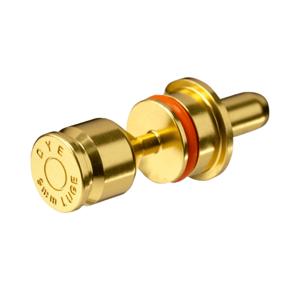 Spent Series 9mm Bolt Button in gold and black aluminum for paintball markers.