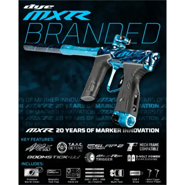 DYE MXR electronic paintball marker in PGA Branded Black Cyan Polish finish.