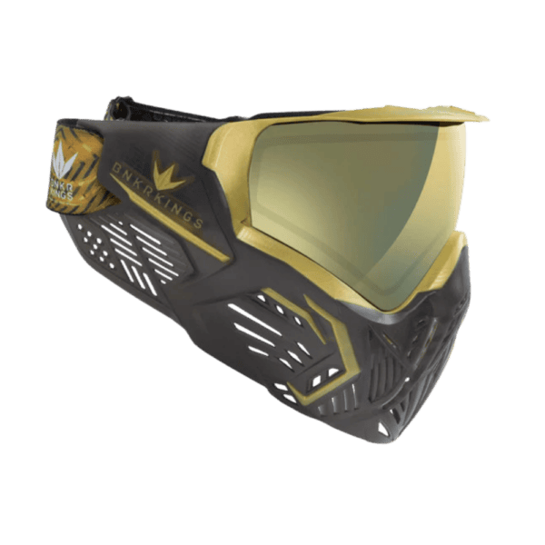 Bunkerkings CMD Black Gold paintball goggle mask with a dual pane thermal lens.