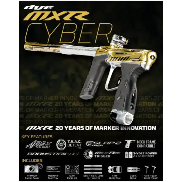 DYE MXR electronic paintball marker in PGA Cyber Gold Silver Polish finish.