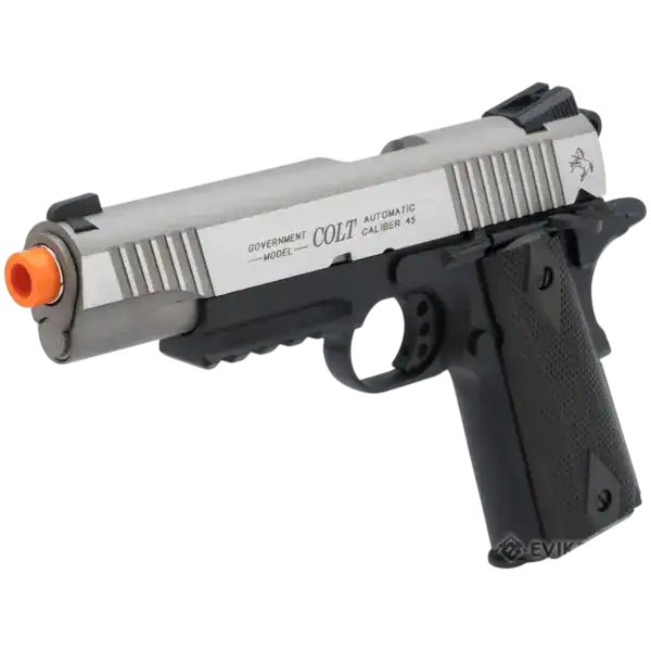 Colt 1911 Tactical CO2 gas blowback airsoft pistol in a dual-tone silver and black finish.