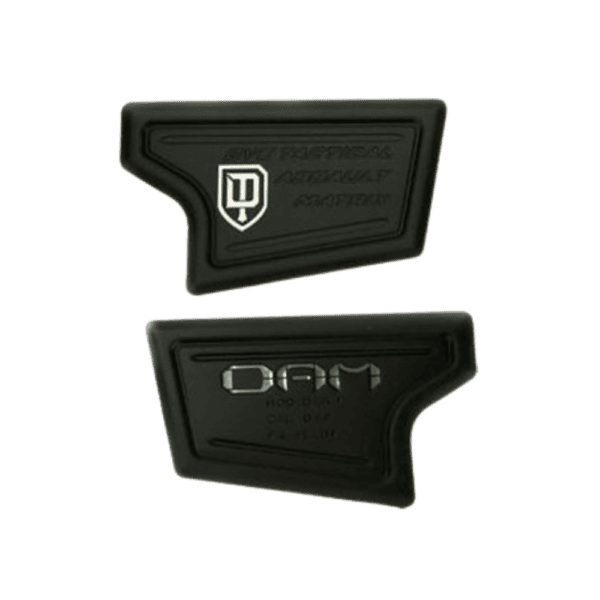 DYE DAM Mag Well Logo Plate Set in black for tactical paintball markers.