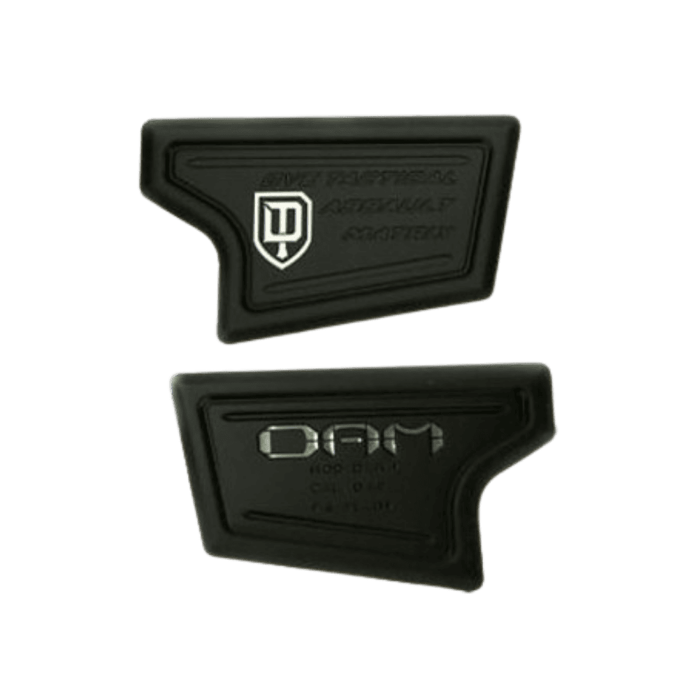 DYE DAM Mag Well Logo Plate Set in black for tactical paintball markers.