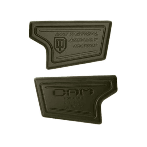 DYE DAM Mag Well Logo Plate Set in Olive Drab for tactical paintball markers.