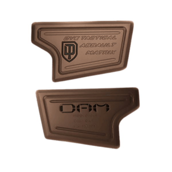 DYE DAM Mag Well Logo Plate Set in tan for tactical paintball markers.