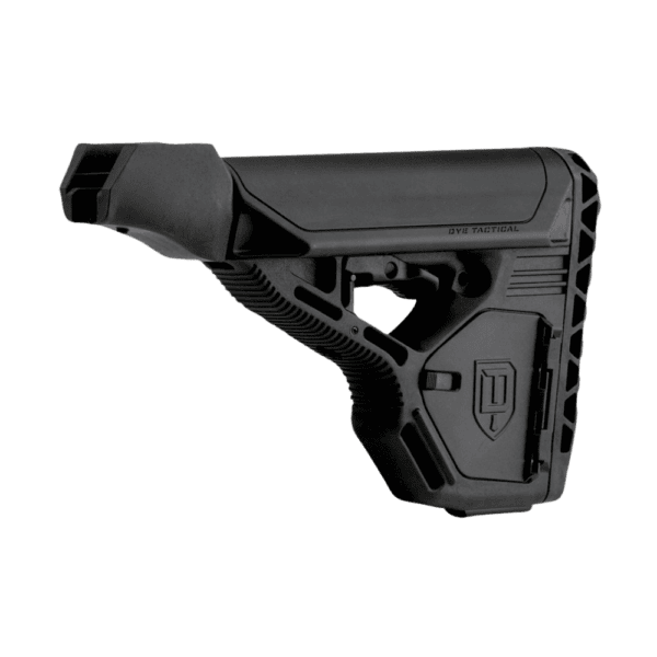 Dye DAM Standard Stock with Storage in Black for tactical paintball markers.