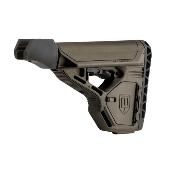 Dye DAM Standard Stock with Storage in Dark Earth for tactical paintball markers.
