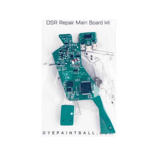 The official DYE DSR Repair Main Board Kit featuring a new replacement circuit board for paintball markers.