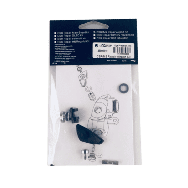 The official DYE DSR/M2 Repair Airport Kit containing brand new black replacement components for paintball marker maintenance.