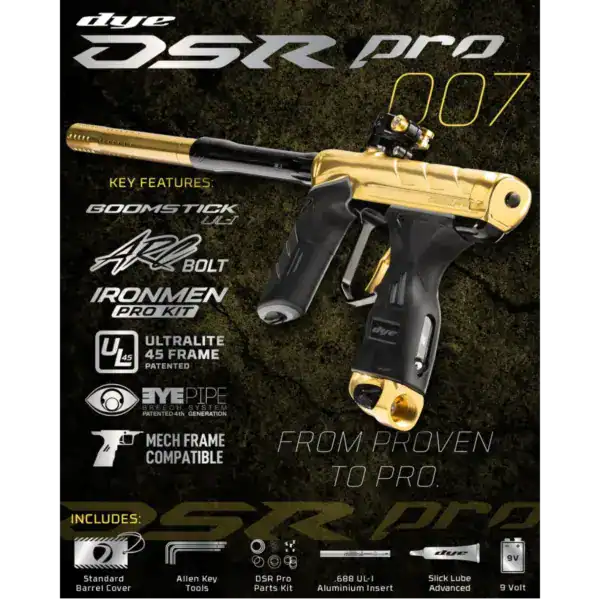 DYE DSR Pro electronic paintball marker in Gold Polish with UL-i barrel system.
