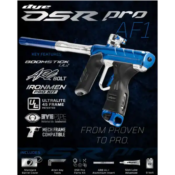 DYE DSR Pro electronic paintball marker in Polish Blue with UL-i barrel system.