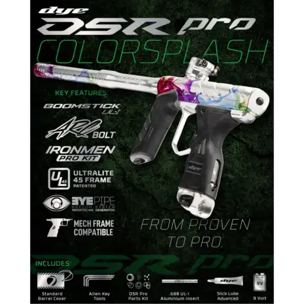 DYE DSR Pro electronic paintball marker in PGA Color Splash Polish with UL-i barrel system.