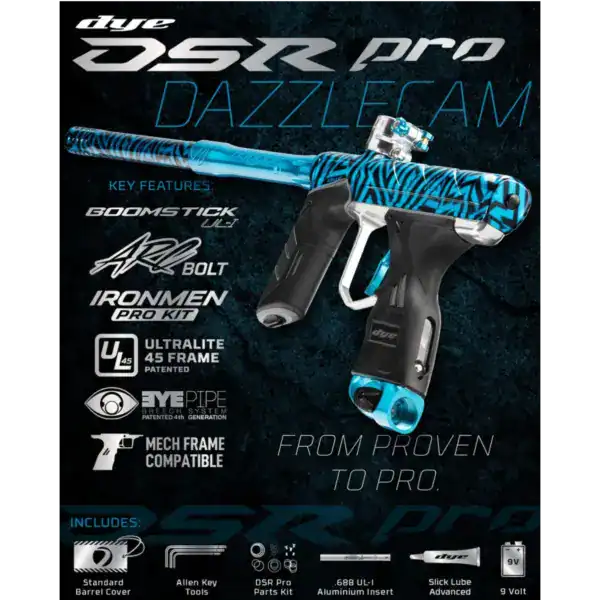 DYE DSR Pro electronic paintball marker in PGA Dazzlecam Polish with UL-i barrel system.