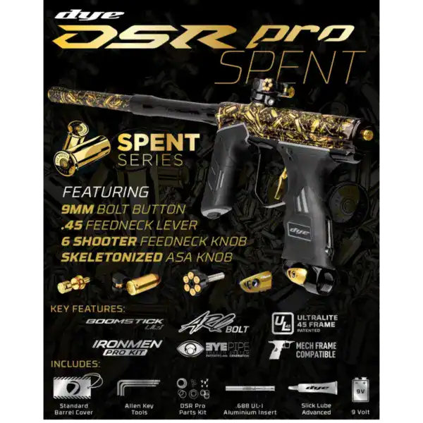 DYE DSR Pro Spent Series electronic tournament paintball marker.