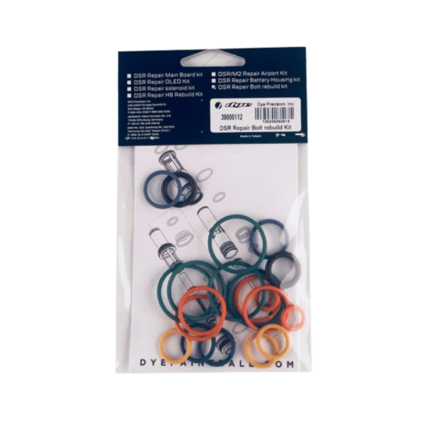 The official DYE DSR Repair Bolt Rebuild Kit containing brand new replacement O-rings for paintball marker maintenance.