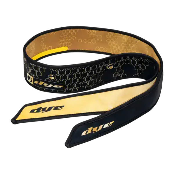 DYE x Halo Head Tie Hypercam Black Gold paintball headband with digital camo design.