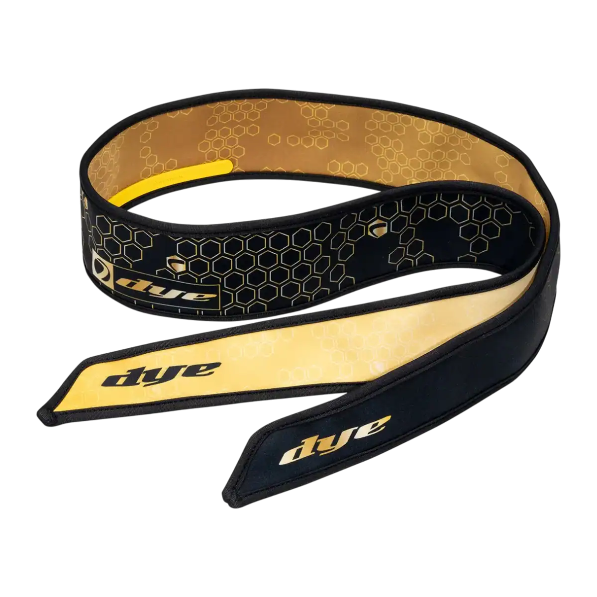 DYE x Halo Head Tie Hypercam Black Gold paintball headband with digital camo design.