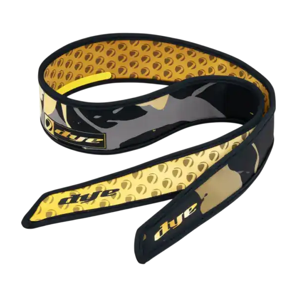 DYE x Halo Head Tie Marbled Gold paintball headband with black and gold marbled pattern.