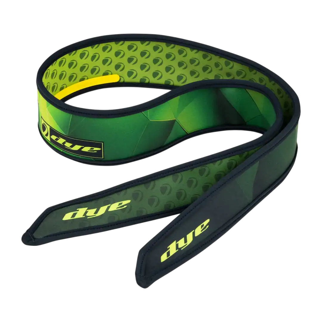 DYE x Halo Head Tie Tetra Lime paintball headband with geometric green design.