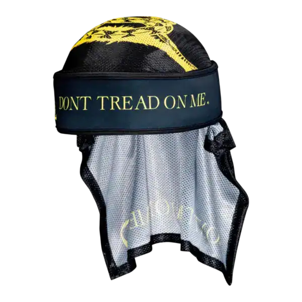 DYE x Halo Head Wrap DTOM paintball headband with yellow Gadsden flag pattern.