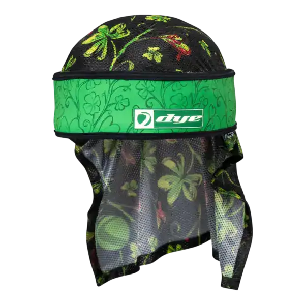 DYE x Halo Head Wrap Nickclover Green paintball headband with shamrock pattern.