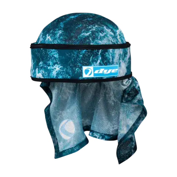 DYE x Halo Head Wrap Tidal Blue paintball headband with blue wave pattern.