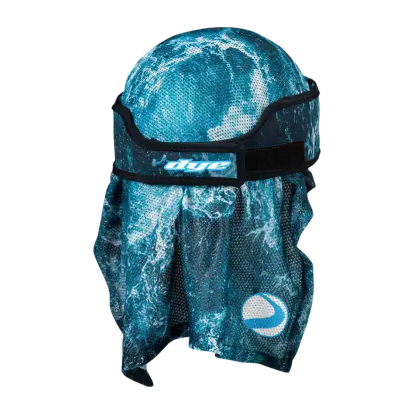 DYE x Halo Head Wrap Tidal Blue paintball headband with blue wave pattern.