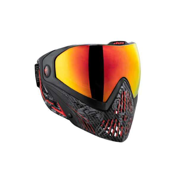 DYE i5 Goggle IM Shields gold mirror lens thermal paintball mask profile view.