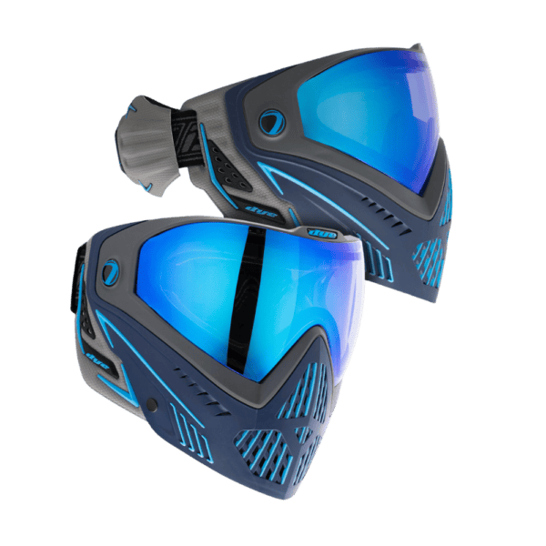 DYE i5 Goggle Raiseup gold mirror lens thermal paintball mask profile view.