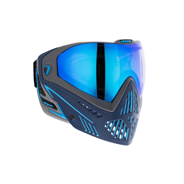 DYE i5 Goggle Raiseup gold mirror lens thermal paintball mask profile view.