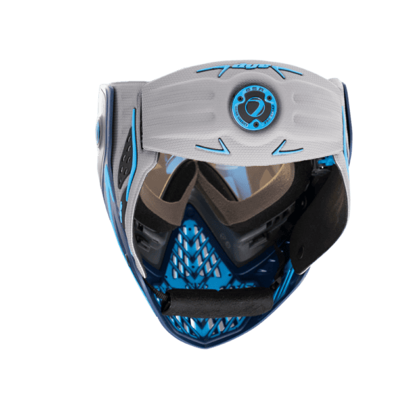 DYE i5 Goggle Raiseup gold mirror lens thermal paintball mask profile view.