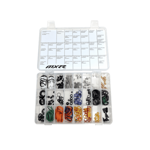The official DYE DSR Parts Kit containing authentic black replacement components for paintball marker maintenance.