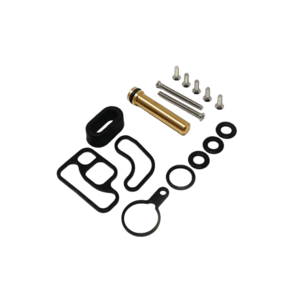 DYE MXR Solenoid Rebuild Kit with O-rings, gaskets, and screws for paintball marker maintenance.