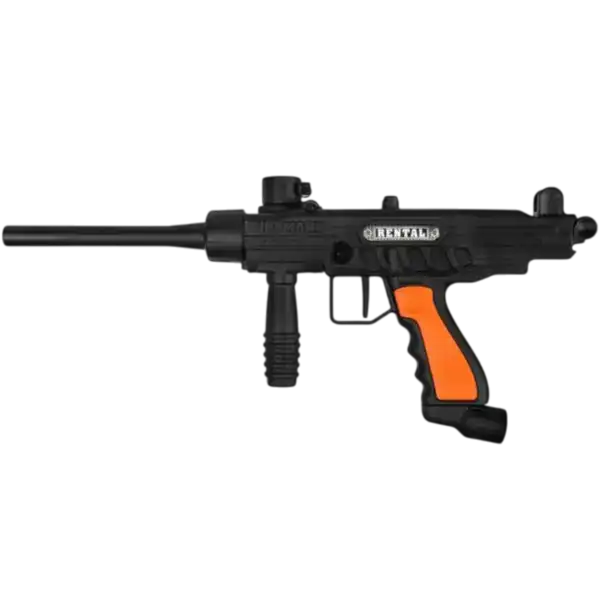Tippmann FT-12 Lite Rental .50 Caliber paintball marker in black with orange grip.