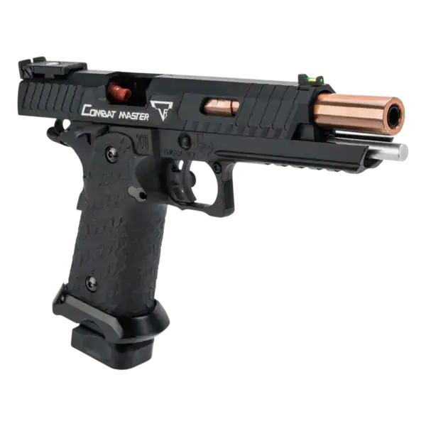 EMG TTI JW3 Combat Master select fire gas blowback airsoft pistol in black with a rose gold barrel.