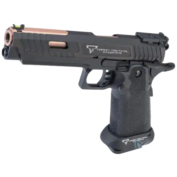 EMG TTI JW3 Combat Master full auto gas blowback airsoft pistol with a rose gold island barrel.