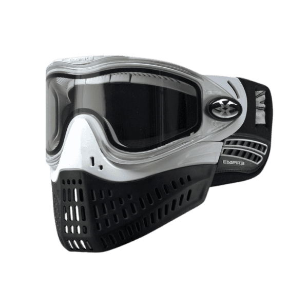 Empire E-Flex paintball goggle system in White featuring a flexible face guard and clear thermal lens.