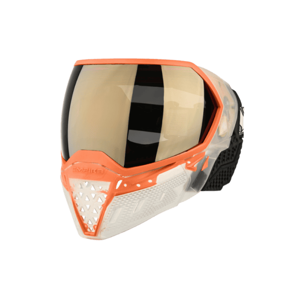 Empire EVS paintball goggle in Crystal Clear Orange with a dual pane Black Chrome Lens.