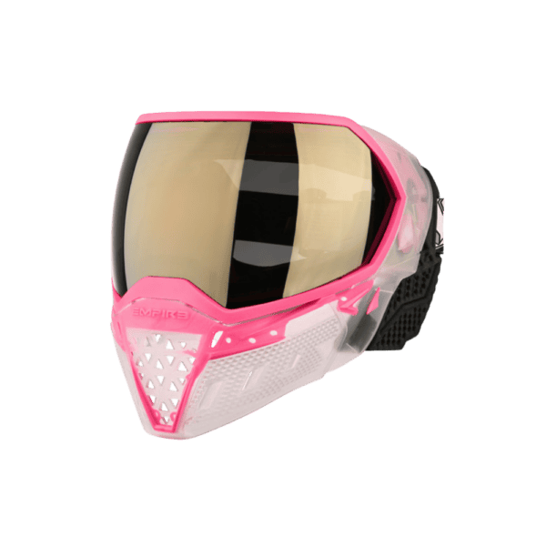 Empire EVS paintball goggle in Crystal Clear Pink with a dual pane Gold Mirror Lens.