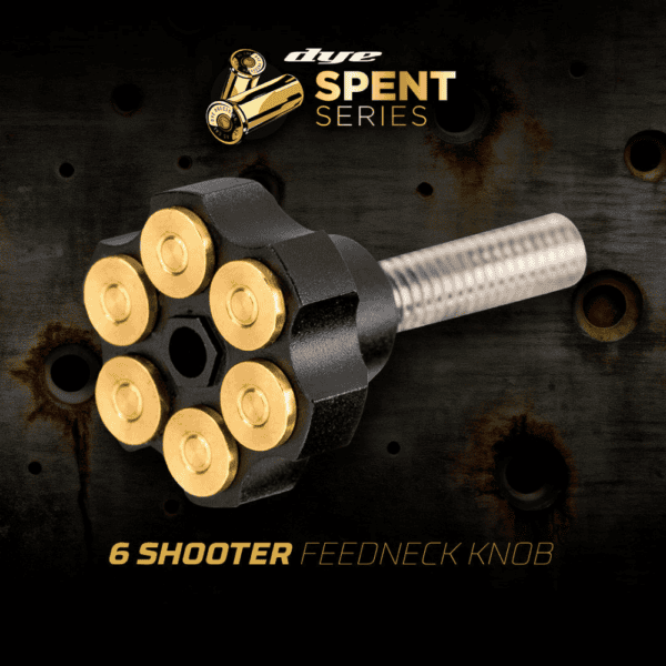 Brand new gold and black DYE FEEDNECK KNOB WHEEL | SPENT 6 SHOOTER aluminum paintball marker upgrade accessory.
